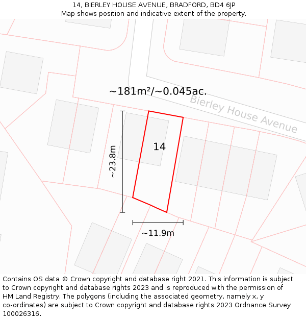 14, BIERLEY HOUSE AVENUE, BRADFORD, BD4 6JP: Plot and title map