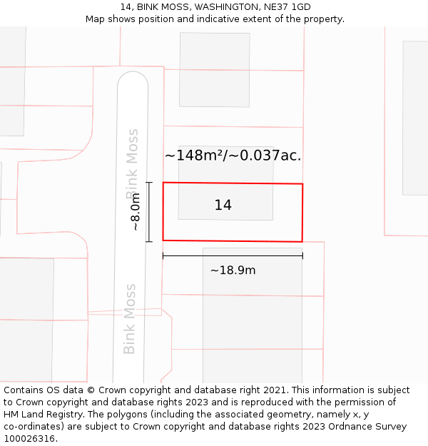 14, BINK MOSS, WASHINGTON, NE37 1GD: Plot and title map