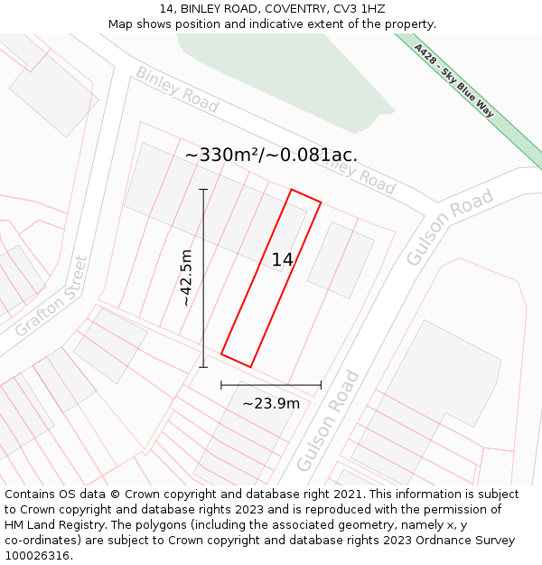 14, BINLEY ROAD, COVENTRY, CV3 1HZ: Plot and title map