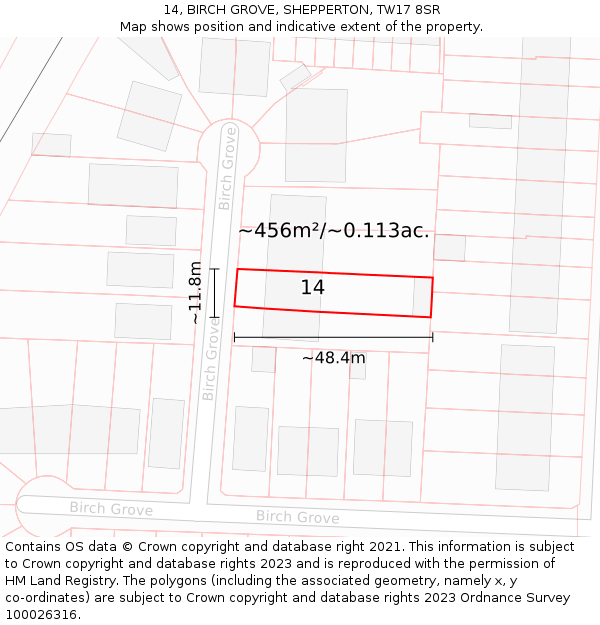 14, BIRCH GROVE, SHEPPERTON, TW17 8SR: Plot and title map