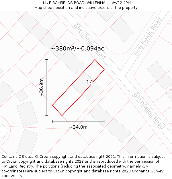 14, BIRCHFIELDS ROAD, WILLENHALL, WV12 4PH: Plot and title map