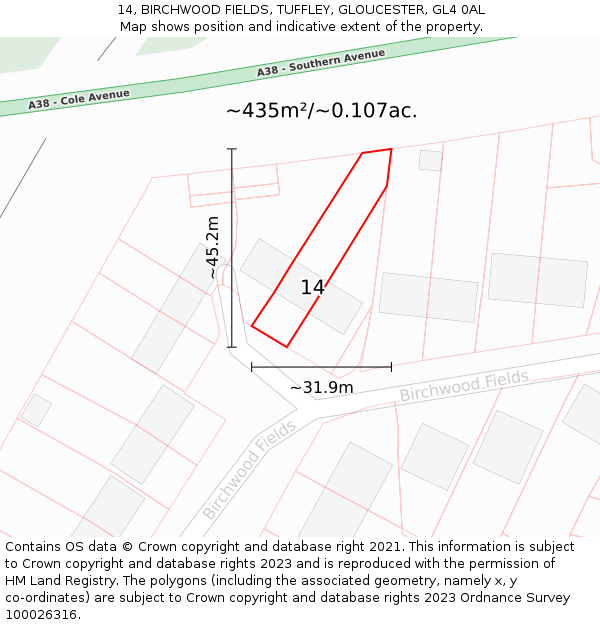 14, BIRCHWOOD FIELDS, TUFFLEY, GLOUCESTER, GL4 0AL: Plot and title map