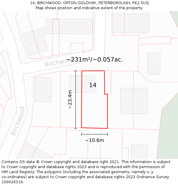 14, BIRCHWOOD, ORTON GOLDHAY, PETERBOROUGH, PE2 5UQ: Plot and title map