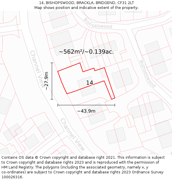 14, BISHOPSWOOD, BRACKLA, BRIDGEND, CF31 2LT: Plot and title map