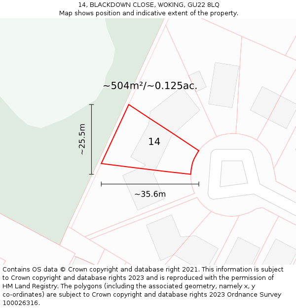 14, BLACKDOWN CLOSE, WOKING, GU22 8LQ: Plot and title map