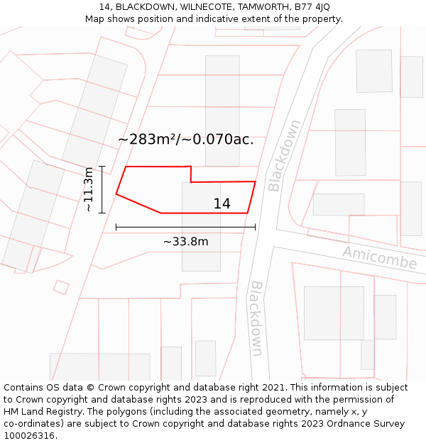 14, BLACKDOWN, WILNECOTE, TAMWORTH, B77 4JQ: Plot and title map