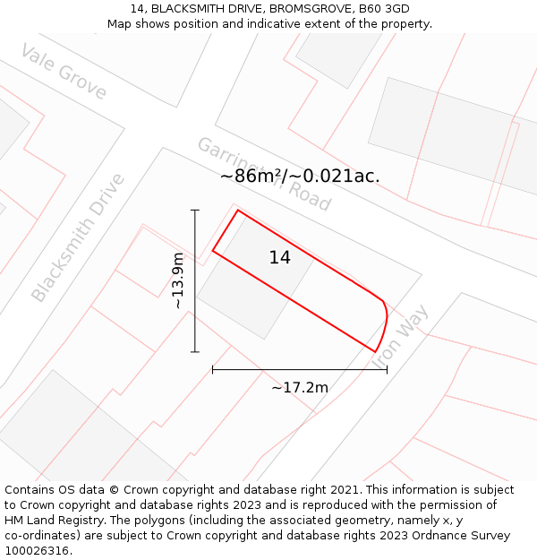 14, BLACKSMITH DRIVE, BROMSGROVE, B60 3GD: Plot and title map