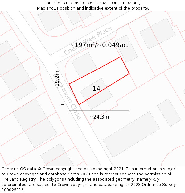 14, BLACKTHORNE CLOSE, BRADFORD, BD2 3EQ: Plot and title map