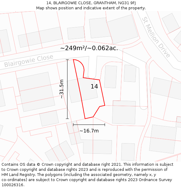 14, BLAIRGOWIE CLOSE, GRANTHAM, NG31 9FJ: Plot and title map