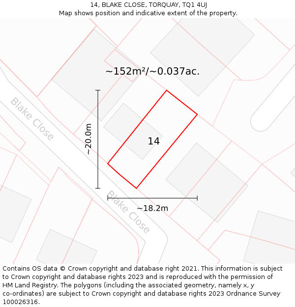 14, BLAKE CLOSE, TORQUAY, TQ1 4UJ: Plot and title map