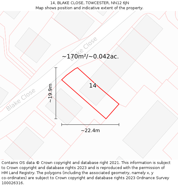 14, BLAKE CLOSE, TOWCESTER, NN12 6JN: Plot and title map