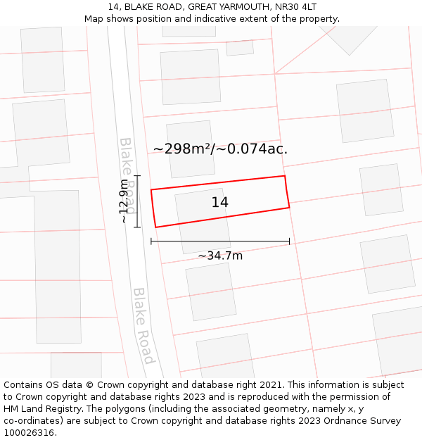 14, BLAKE ROAD, GREAT YARMOUTH, NR30 4LT: Plot and title map