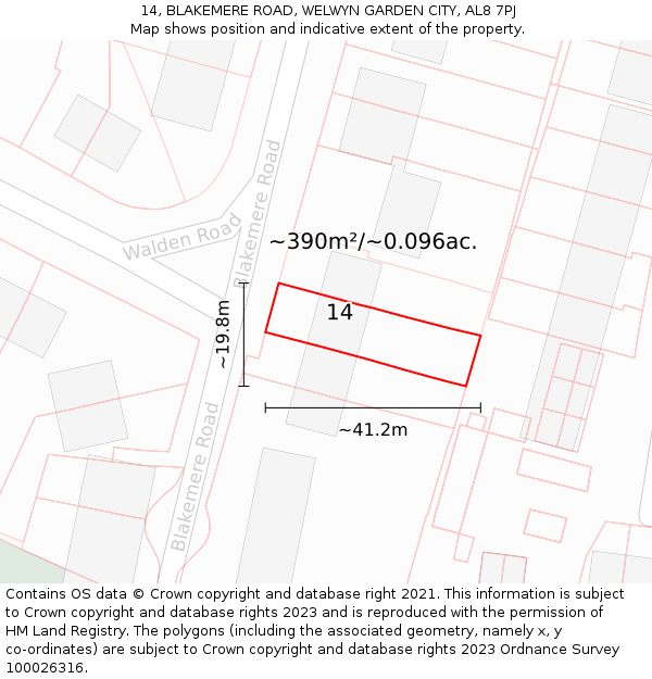 14, BLAKEMERE ROAD, WELWYN GARDEN CITY, AL8 7PJ: Plot and title map
