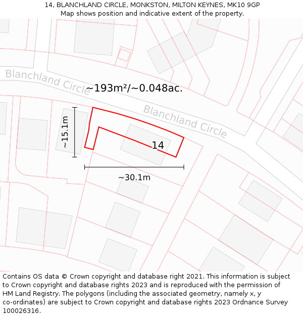 14, BLANCHLAND CIRCLE, MONKSTON, MILTON KEYNES, MK10 9GP: Plot and title map