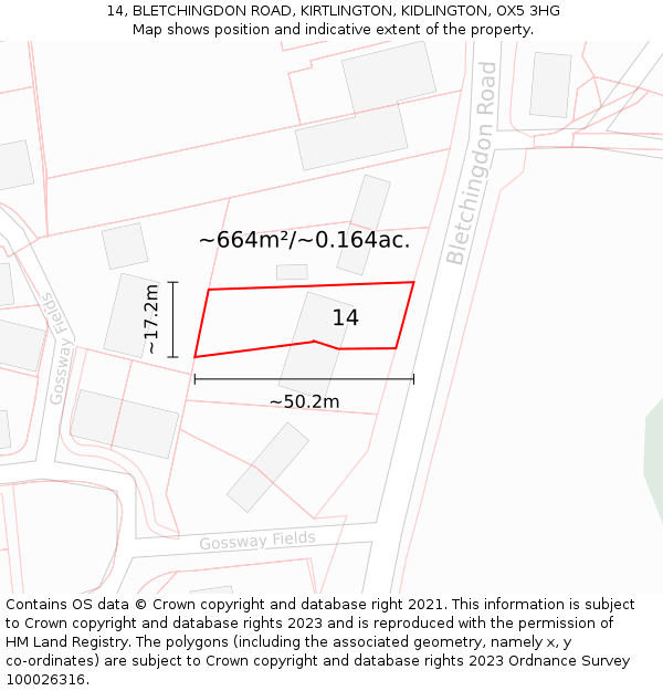 14, BLETCHINGDON ROAD, KIRTLINGTON, KIDLINGTON, OX5 3HG: Plot and title map