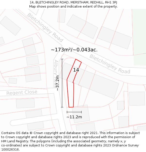 14, BLETCHINGLEY ROAD, MERSTHAM, REDHILL, RH1 3PJ: Plot and title map