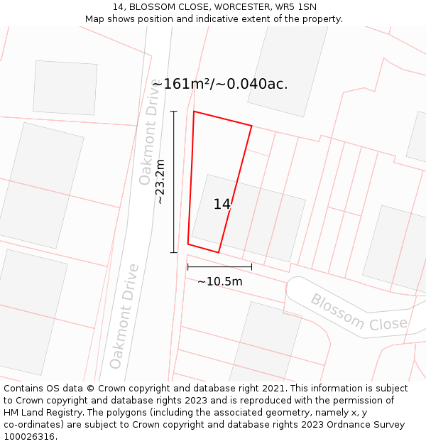 14, BLOSSOM CLOSE, WORCESTER, WR5 1SN: Plot and title map