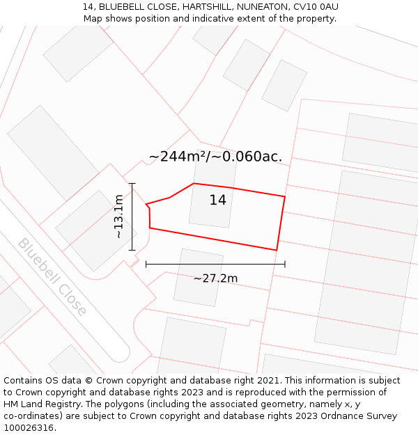 14, BLUEBELL CLOSE, HARTSHILL, NUNEATON, CV10 0AU: Plot and title map