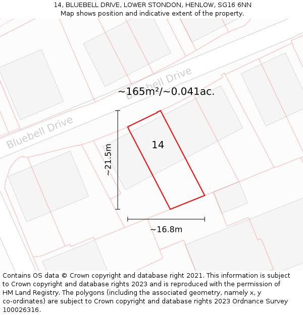 14, BLUEBELL DRIVE, LOWER STONDON, HENLOW, SG16 6NN: Plot and title map