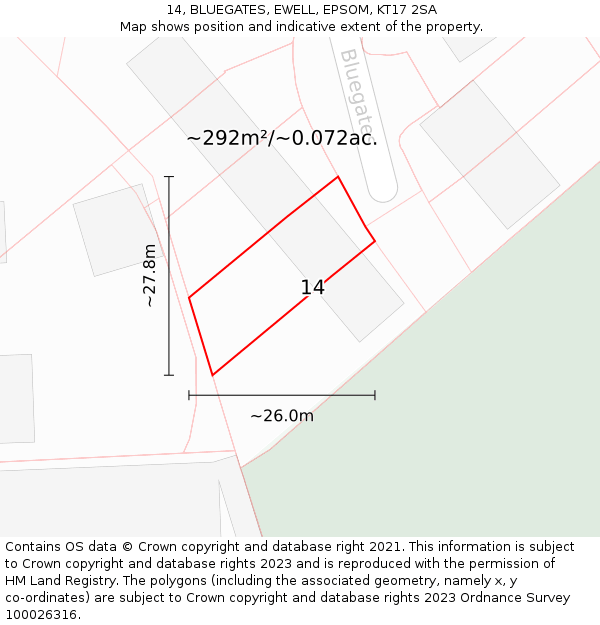 14, BLUEGATES, EWELL, EPSOM, KT17 2SA: Plot and title map