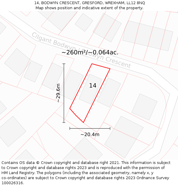 14, BODWYN CRESCENT, GRESFORD, WREXHAM, LL12 8NQ: Plot and title map