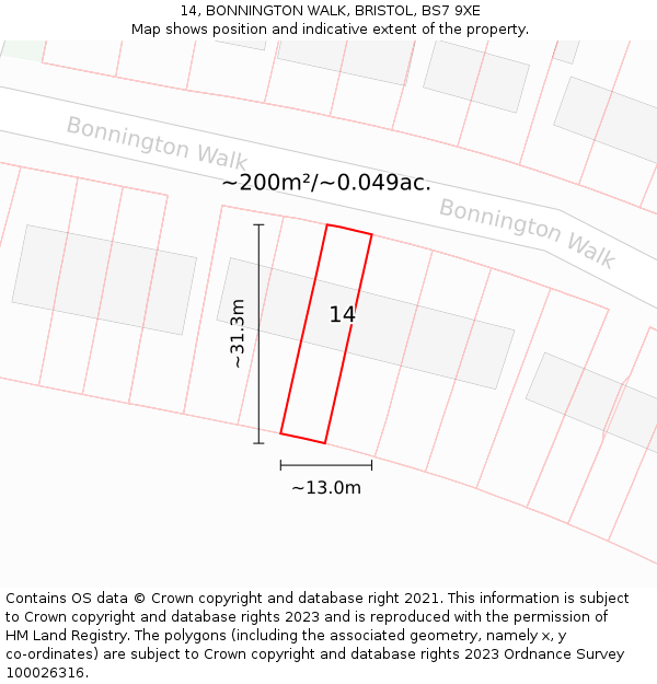 14, BONNINGTON WALK, BRISTOL, BS7 9XE: Plot and title map
