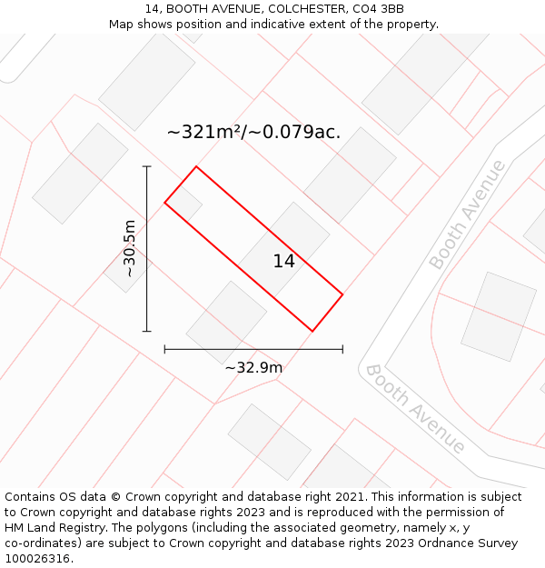 14, BOOTH AVENUE, COLCHESTER, CO4 3BB: Plot and title map