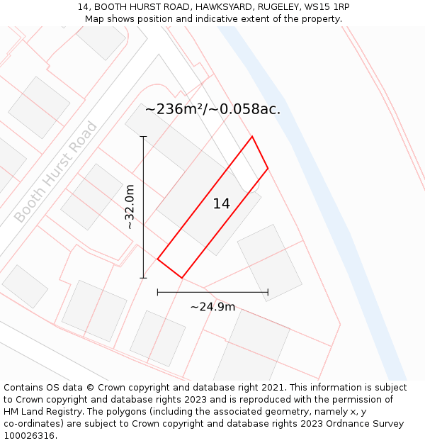 14, BOOTH HURST ROAD, HAWKSYARD, RUGELEY, WS15 1RP: Plot and title map
