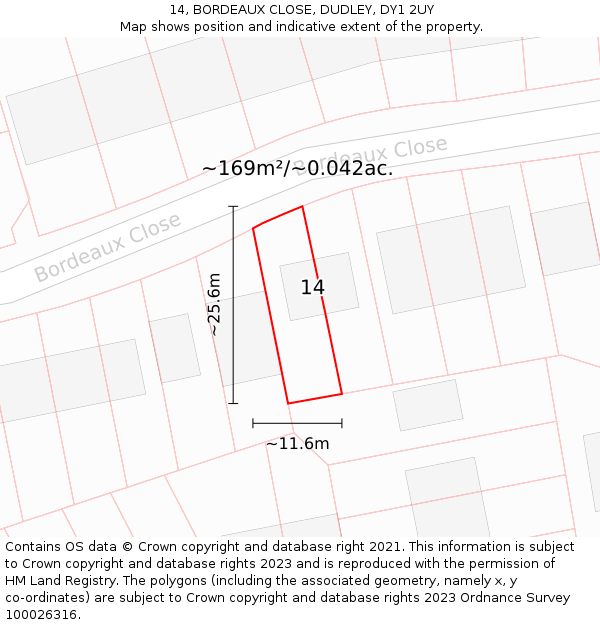 14, BORDEAUX CLOSE, DUDLEY, DY1 2UY: Plot and title map
