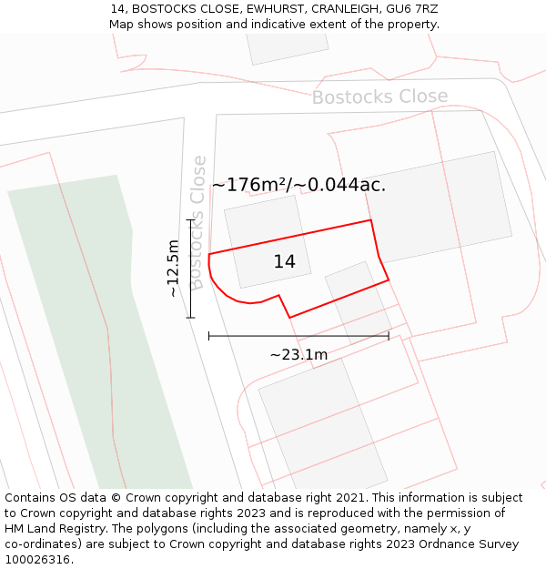 14, BOSTOCKS CLOSE, EWHURST, CRANLEIGH, GU6 7RZ: Plot and title map