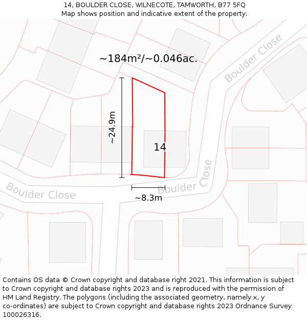 14, BOULDER CLOSE, WILNECOTE, TAMWORTH, B77 5FQ: Plot and title map