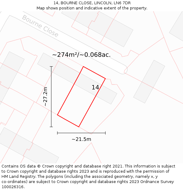 14, BOURNE CLOSE, LINCOLN, LN6 7DR: Plot and title map
