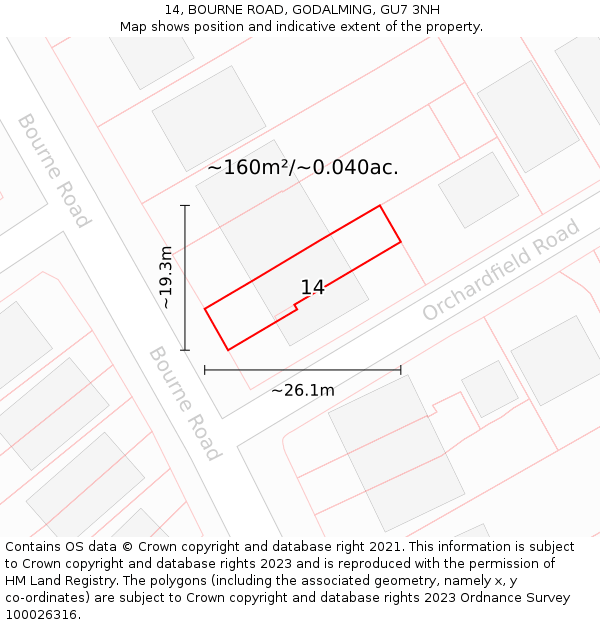 14, BOURNE ROAD, GODALMING, GU7 3NH: Plot and title map