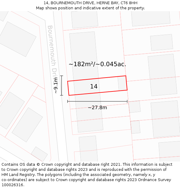 14, BOURNEMOUTH DRIVE, HERNE BAY, CT6 8HH: Plot and title map