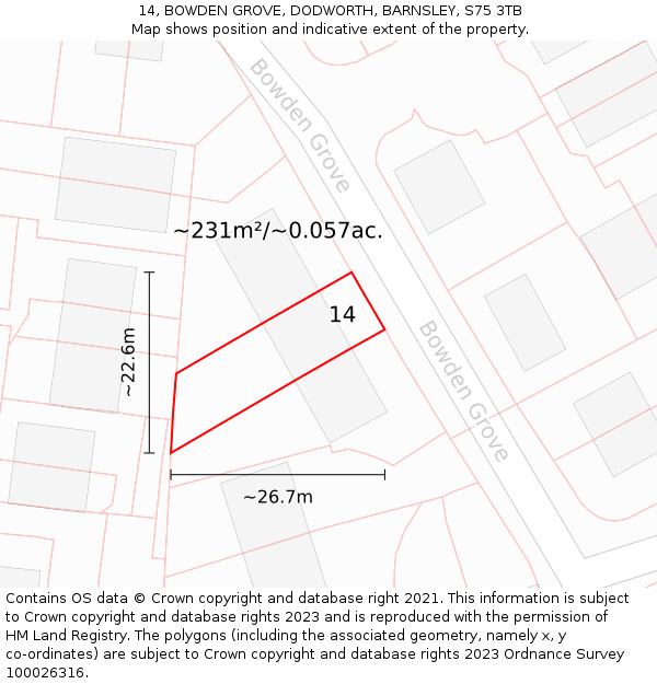 14, BOWDEN GROVE, DODWORTH, BARNSLEY, S75 3TB: Plot and title map