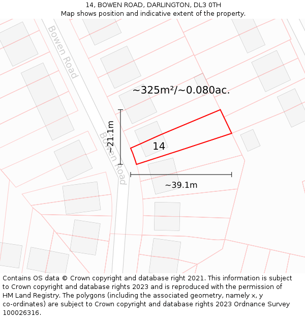 14, BOWEN ROAD, DARLINGTON, DL3 0TH: Plot and title map