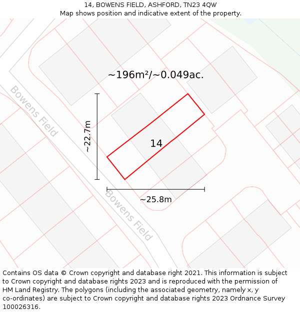 14, BOWENS FIELD, ASHFORD, TN23 4QW: Plot and title map
