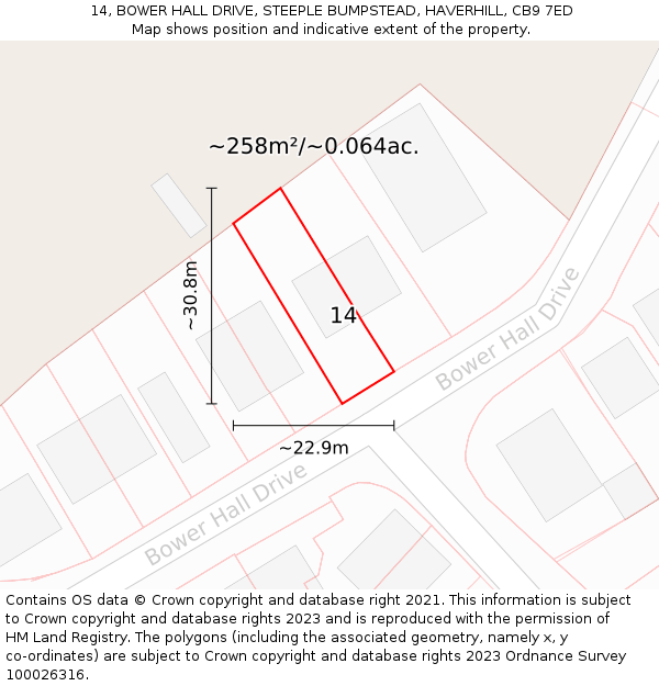 14, BOWER HALL DRIVE, STEEPLE BUMPSTEAD, HAVERHILL, CB9 7ED: Plot and title map