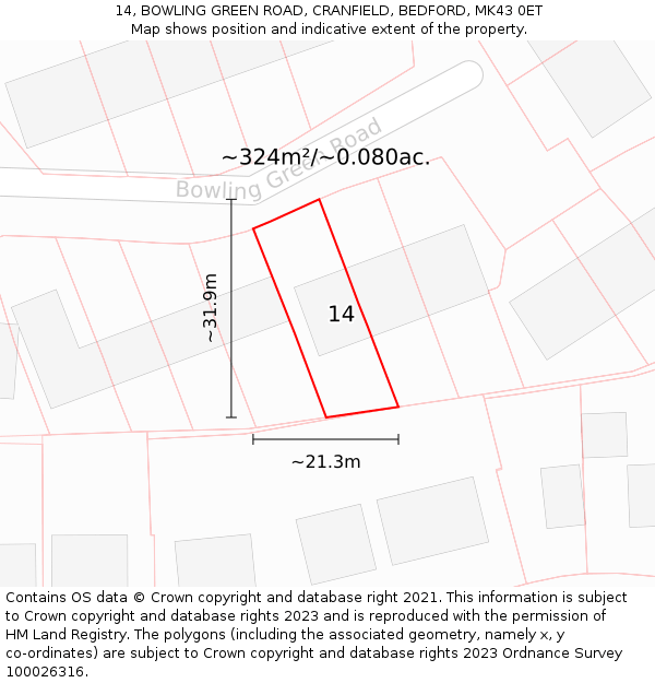 14, BOWLING GREEN ROAD, CRANFIELD, BEDFORD, MK43 0ET: Plot and title map