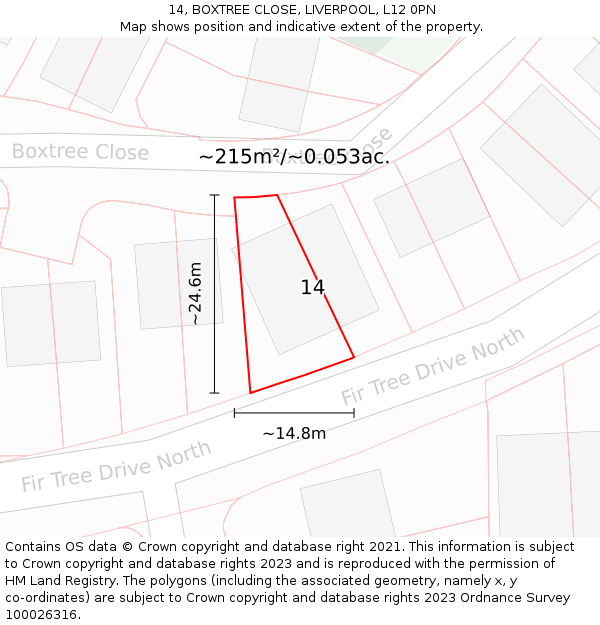 14, BOXTREE CLOSE, LIVERPOOL, L12 0PN: Plot and title map