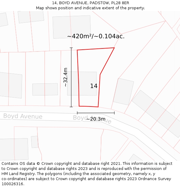 14, BOYD AVENUE, PADSTOW, PL28 8ER: Plot and title map