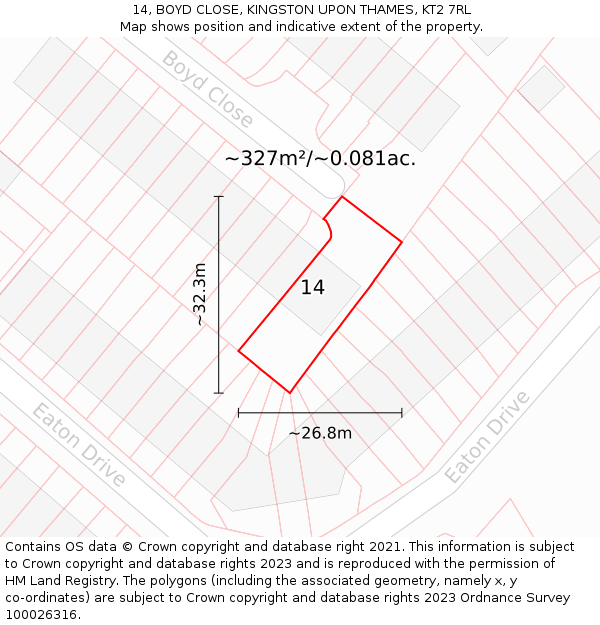 14, BOYD CLOSE, KINGSTON UPON THAMES, KT2 7RL: Plot and title map