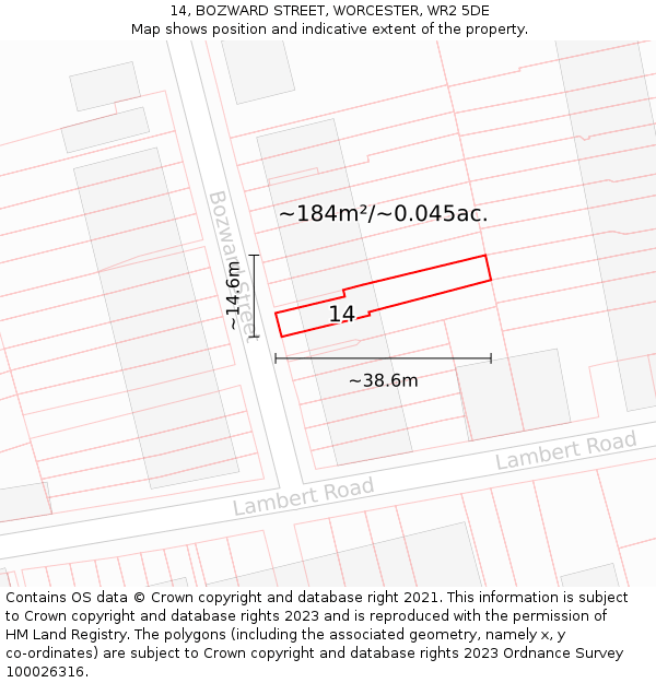 14, BOZWARD STREET, WORCESTER, WR2 5DE: Plot and title map