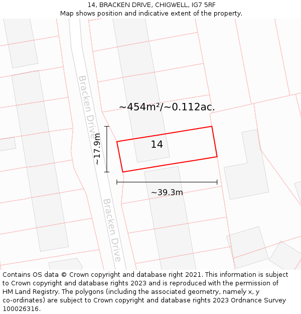 14, BRACKEN DRIVE, CHIGWELL, IG7 5RF: Plot and title map