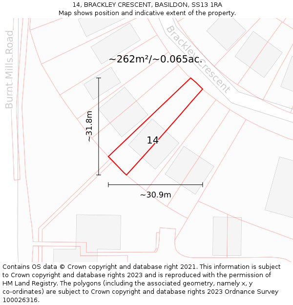 14, BRACKLEY CRESCENT, BASILDON, SS13 1RA: Plot and title map