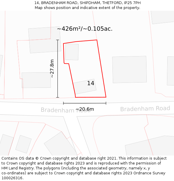 14, BRADENHAM ROAD, SHIPDHAM, THETFORD, IP25 7PH: Plot and title map