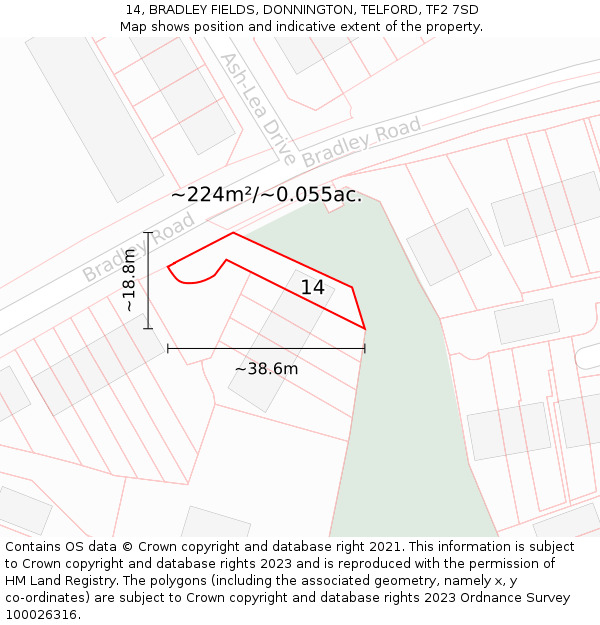 14, BRADLEY FIELDS, DONNINGTON, TELFORD, TF2 7SD: Plot and title map