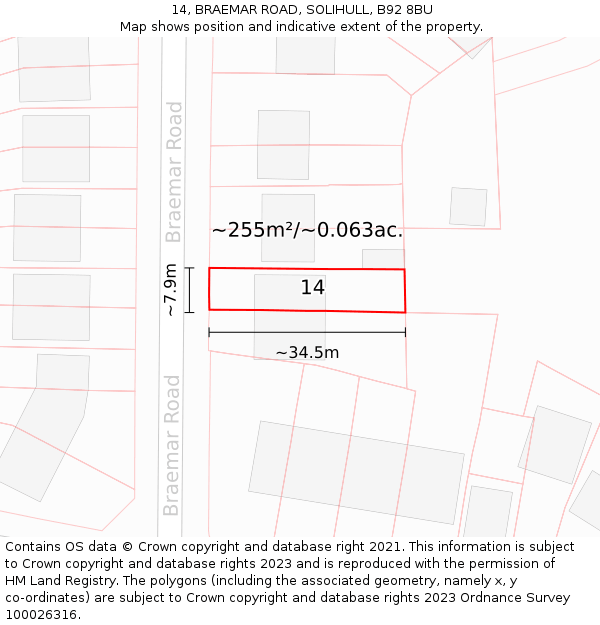 14, BRAEMAR ROAD, SOLIHULL, B92 8BU: Plot and title map