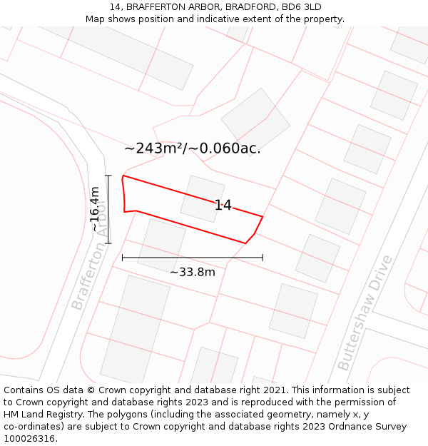 14, BRAFFERTON ARBOR, BRADFORD, BD6 3LD: Plot and title map