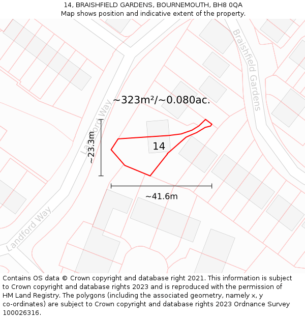 14, BRAISHFIELD GARDENS, BOURNEMOUTH, BH8 0QA: Plot and title map
